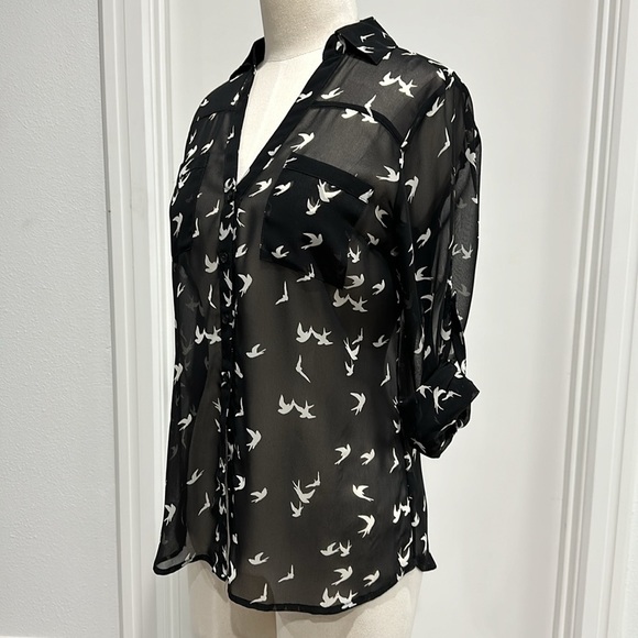 Express Bird Print Sheer Button Up Long Sleeve with Rolled Sleeve Tabs - XS - Picture 2 of 11